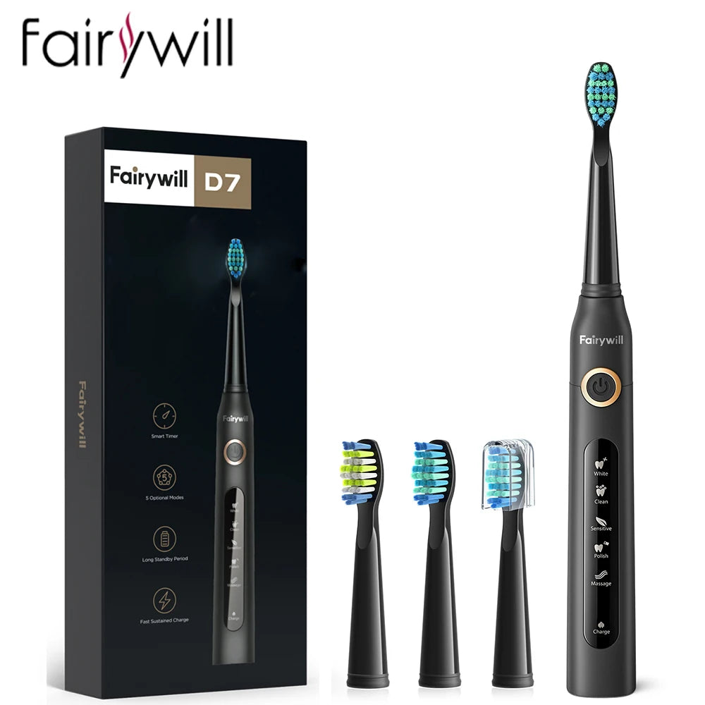 Fairywill FW-507 Electric Sonic Toothbrush – USB Rechargeable, Waterproof, Replacement Heads