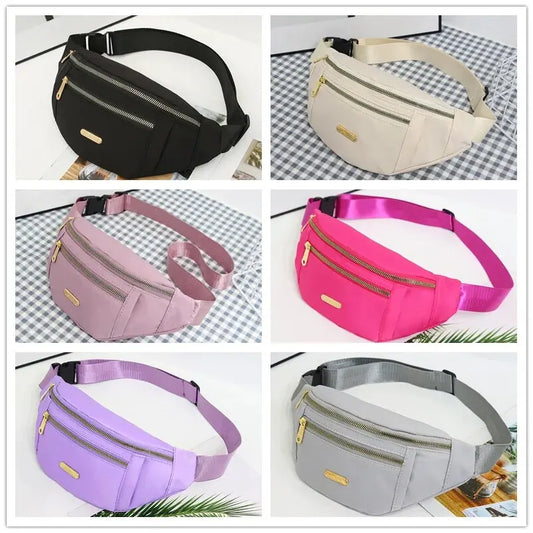 Women's R.E.D. Shopping sports waist bag with multiple compartments, worn as a fanny pack or crossbody for outdoor activities.