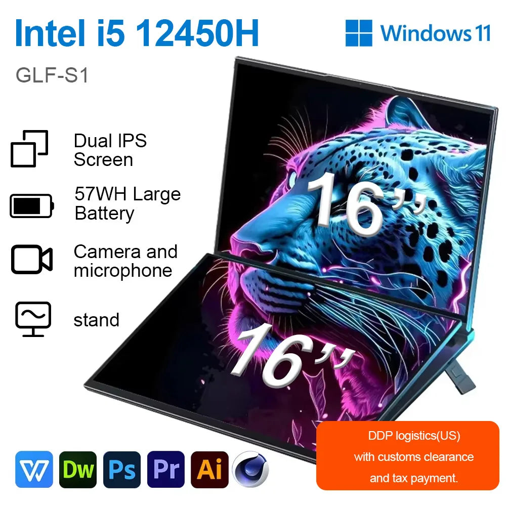 GLF-S1 Dual Screen Laptop 16"+16" — Intel i5-12450H, DDR4, Up to 2TB M.2 SSD, Windows 11