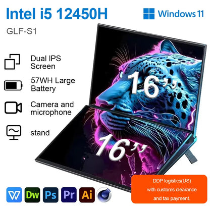 GLF-S1 Dual Screen Laptop 16"+16" — Intel i5-12450H, DDR4, Up to 2TB M.2 SSD, Windows 11