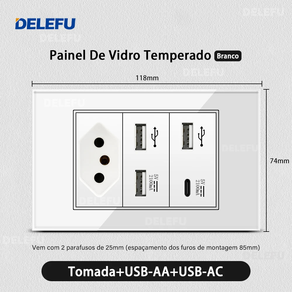 DELEFU Tempered Glass Smart Wall Socket with USB-C | Tuya WiFi | 10A–20A