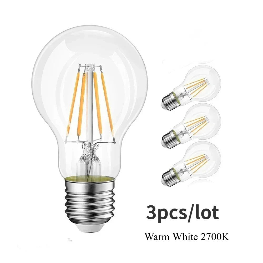 Melery E26 E27 LED Light Ball Bulb Edison Screw Filament A60 Lamp  8W Equivalent 80W Clear Incandescent [Energy Class A++] 3PACK