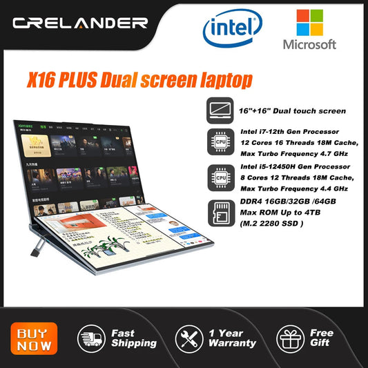 CRELANDER 16" Dual Touch Screen Laptop – Intel Core i7-1260P, 16/32/64GB DDR4, up to 4TB SSD, Windows 11