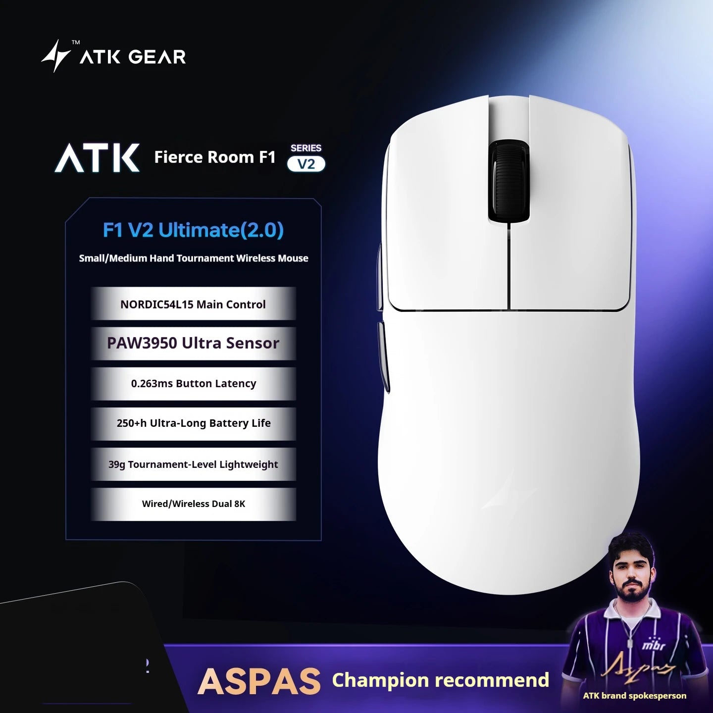 ATK F1 V2 Wireless Gaming Mouse – PAW3950, 38g Ultra-Light, 750IPS, 0.243ms Latency for FPS