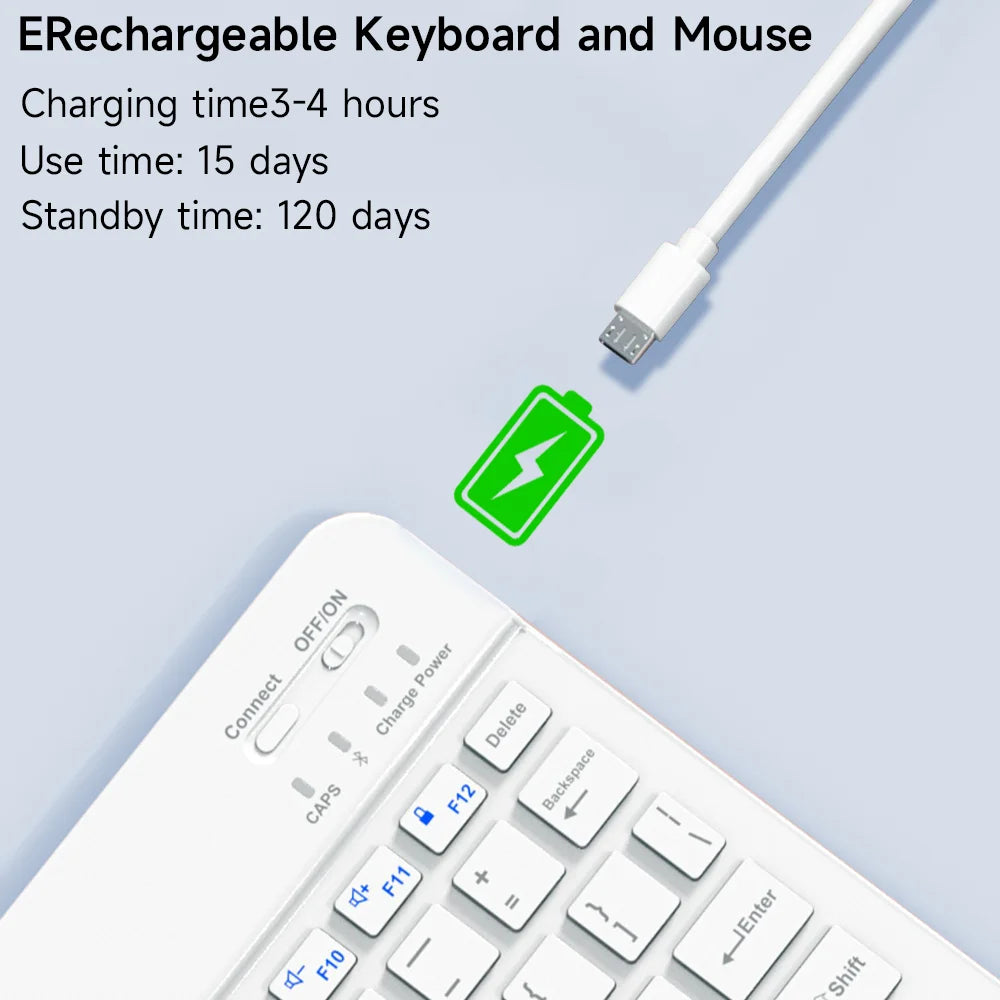 Wireless Bluetooth keyboard and mouse set for iPad, tablet, Android, and Windows devices from R.E.D. Shopping, shown on a desk.