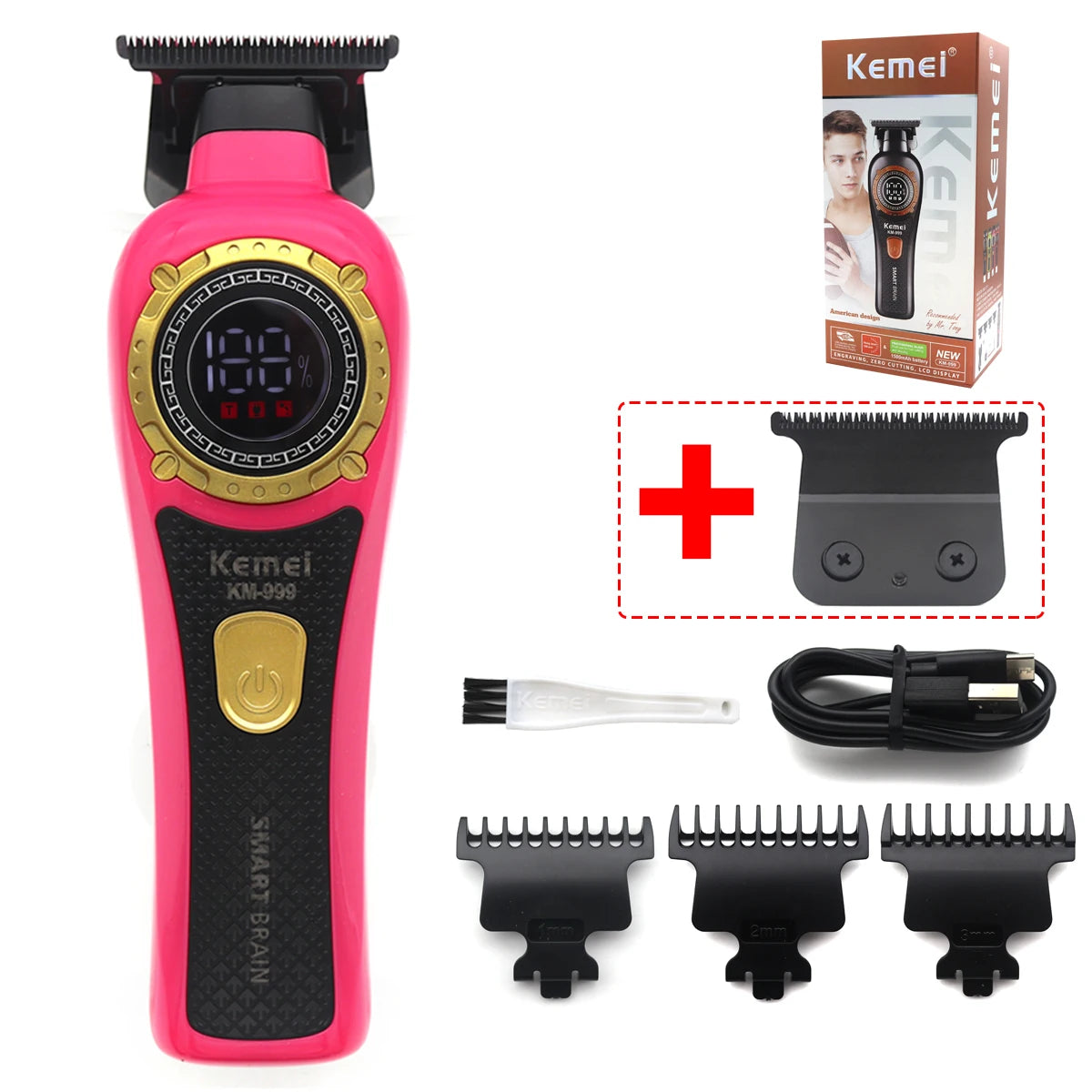 Kemei KM-999 Professional Hair Trimmer – DLC T-Blade, Zero Gap, LED Display, Cordless USB Clipper