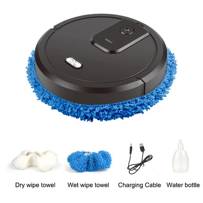R.E.D. Shopping smart sweeping and mop robot with humidifying spray cleaning a hardwood floor in a modern home.