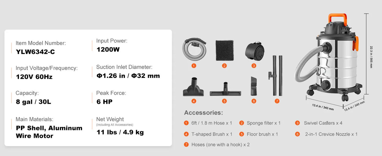 SucceBuy Stainless Steel Wet & Dry Shop Vacuum – 1000W+, Powerful Suction, 18L/20L/30L, for Carpet, Debris & Pet Hair