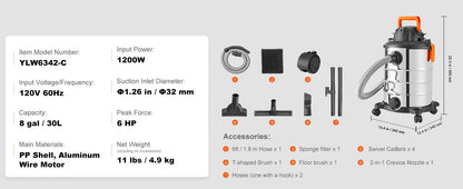 SucceBuy Stainless Steel Wet & Dry Shop Vacuum – 1000W+, Powerful Suction, 18L/20L/30L, for Carpet, Debris & Pet Hair
