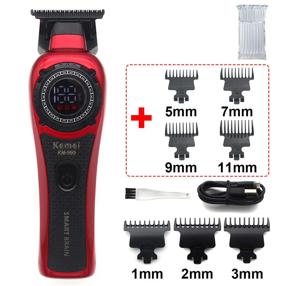 Kemei KM-999 Professional Hair Trimmer – DLC T-Blade, Zero Gap, LED Display, Cordless USB Clipper