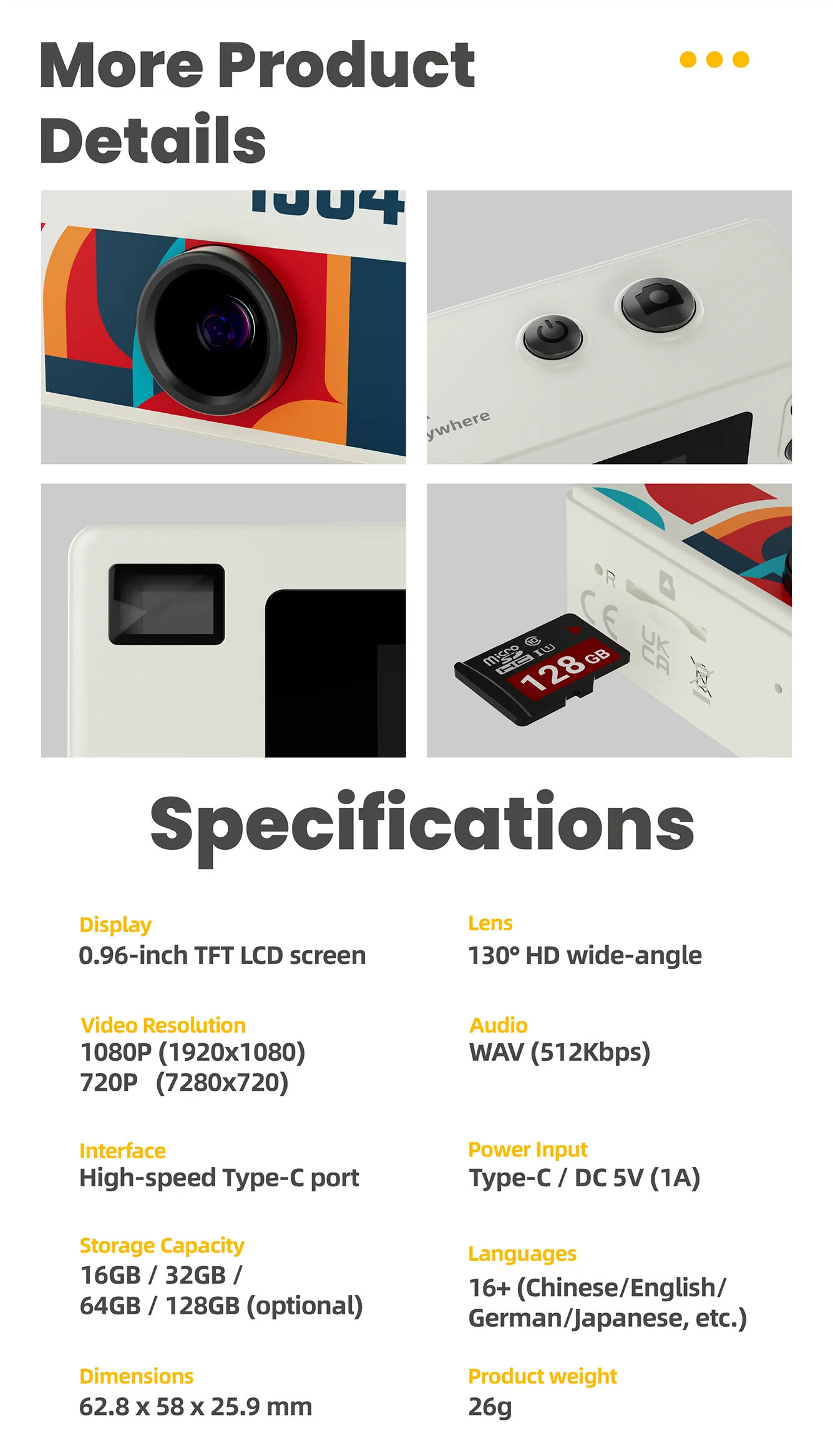 Portable Mini Thumb Camera 1080P FHD – 130° Wide-Angle, Autofocus, Fill Light, TFT LCD Screen