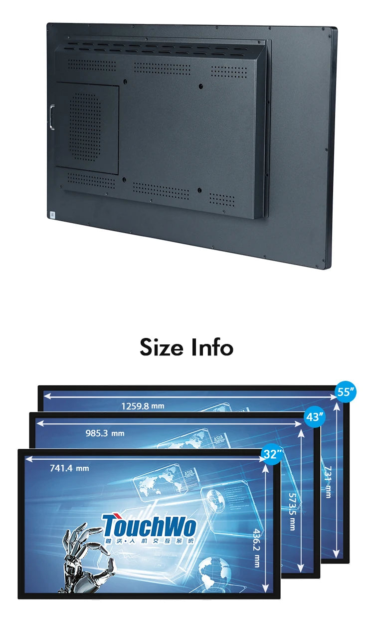 Interactive TouchWo whiteboard display, 32-65 inch smart touchscreen monitor in sleek black for business or educational use.