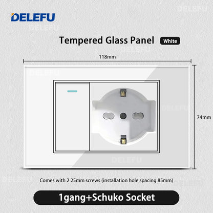 DELEFU Tempered Glass Wall Socket with USB-C Fast Charging – Schuko/Italy