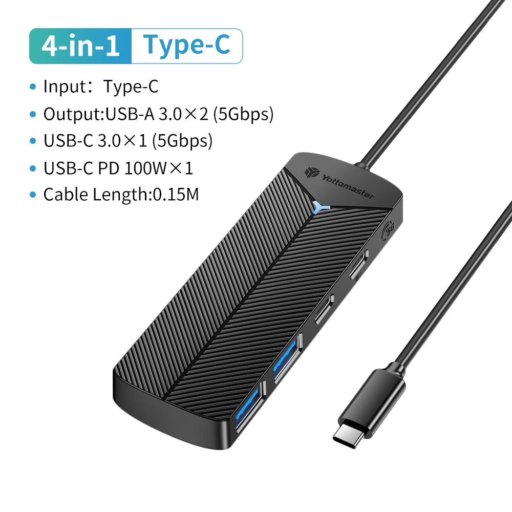 Yottamaster 4-in-1 USB 3.0 Hub | 5Gbps | Ultra-Slim OTG Adapter | USB-A & Type-C | For PC & Mac