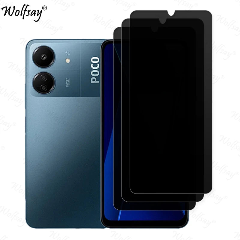 Xiaomi Poco C65 anti-spy privacy tempered glass screen protector with black edges on a smartphone display.