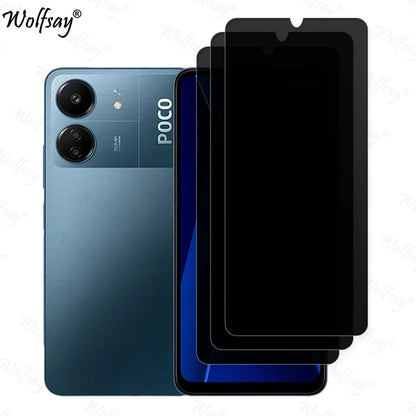 Xiaomi Poco C65 anti-spy privacy tempered glass screen protector with black edges on a smartphone display.
