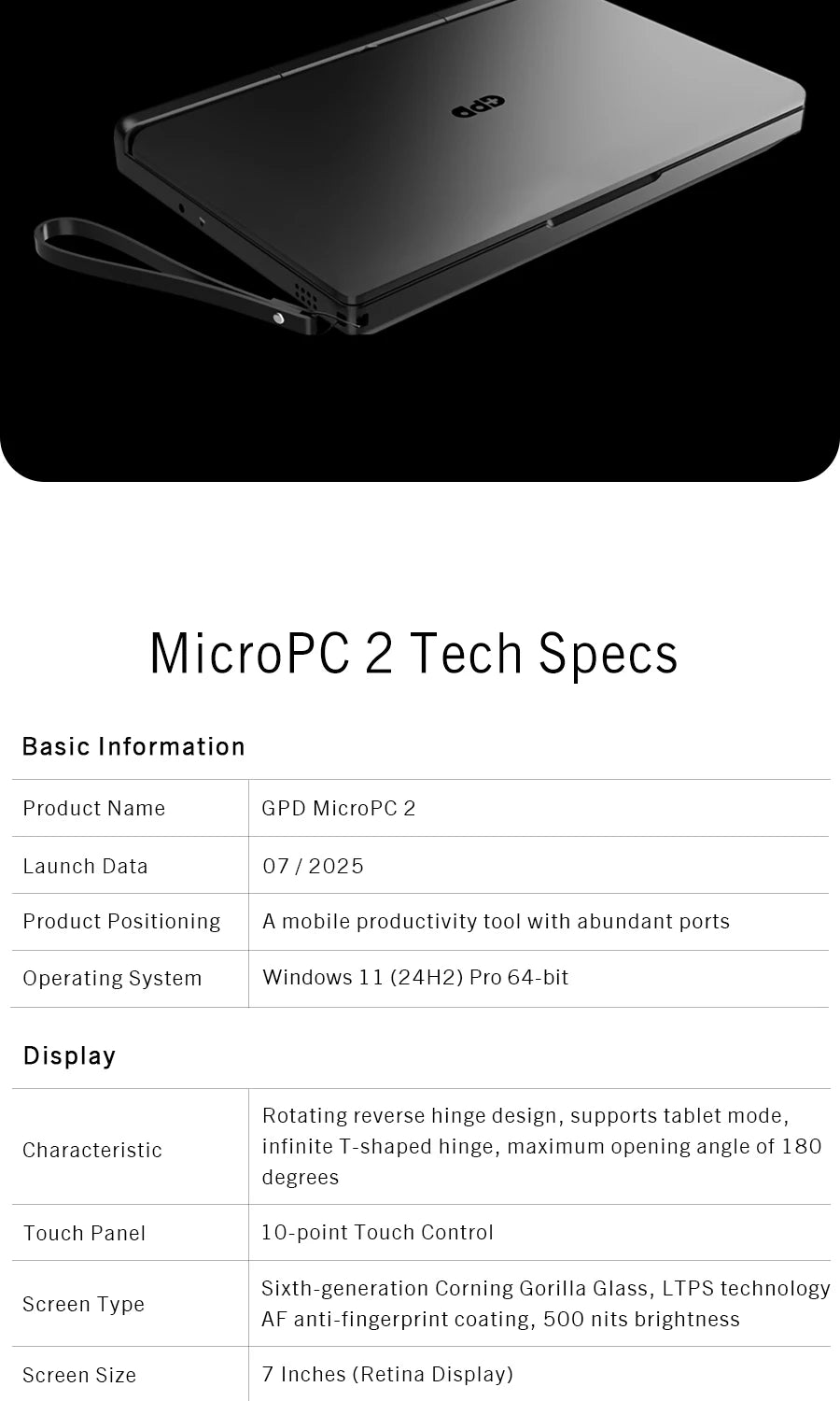 GPD MicroPC 2 – 7" Mini Laptop, Intel i3 N300, 16GB DDR5, 512GB SSD, Windows 11