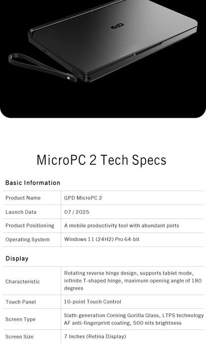 GPD MicroPC 2 – 7" Mini Laptop, Intel i3 N300, 16GB DDR5, 512GB SSD, Windows 11