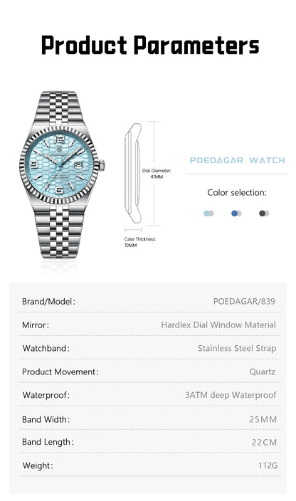 POEDAGAR Men's Luxury Watch – Stainless Steel, Waterproof, Luminous, Date Display, With Box