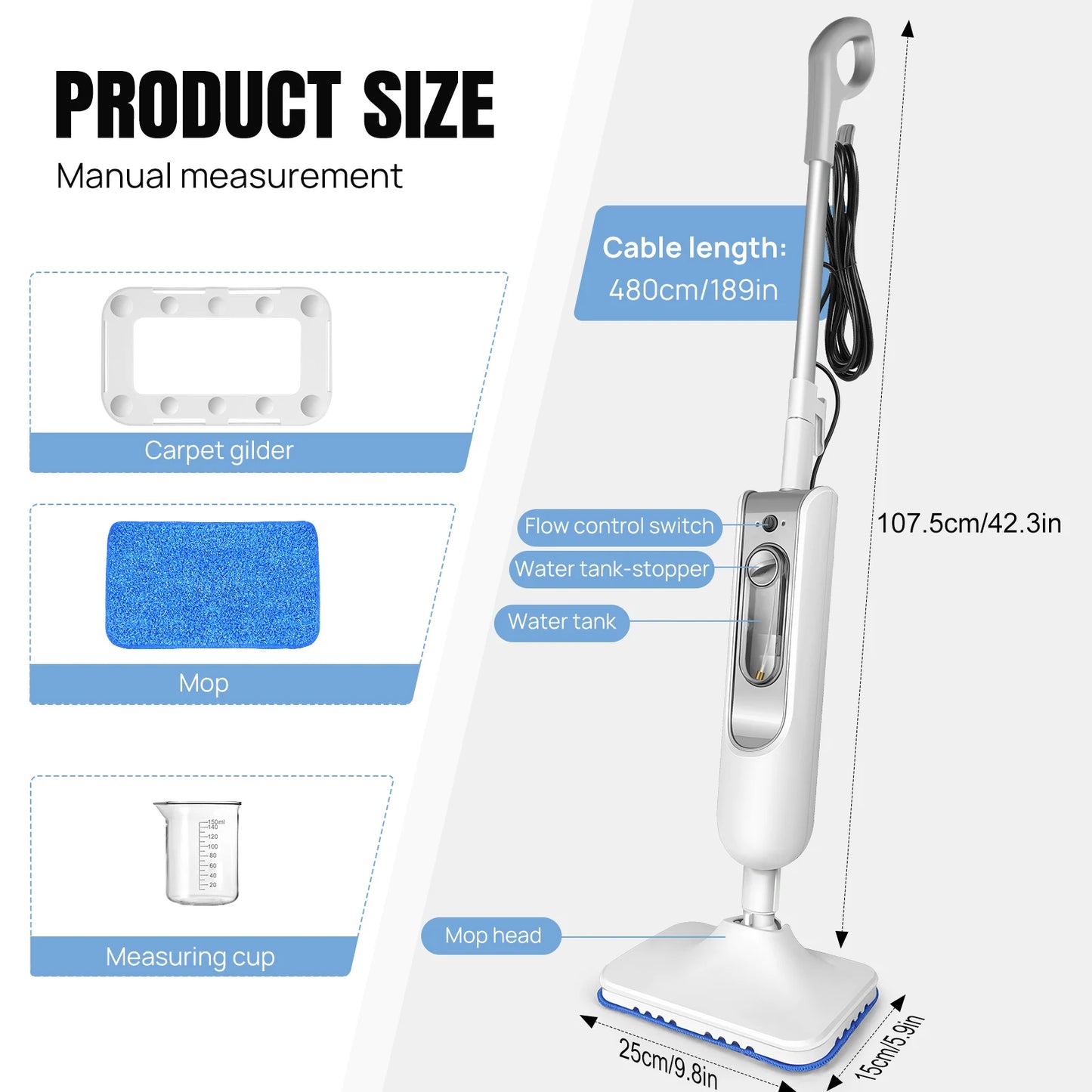 Steam Mop & Detachable Steam Cleaner 1500W – Kills 99.9% Bacteria, Carpet & Floor, 400ml
