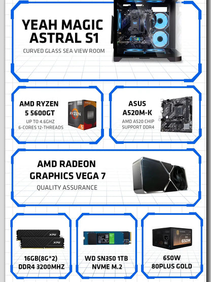 R.E.D. Shopping Yeah Magic Gaming Desktop PC with AMD Ryzen 5 5600GT, 16GB DDR4, 1TB NVMe SSD, ARGB lighting, Windows 11