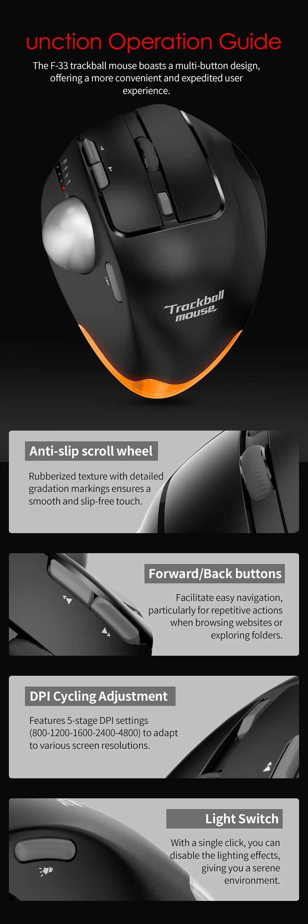 Wireless Bluetooth Trackball Mouse – RGB, 2.4G, Ergonomic, 3-Device Connection for PC & iPad