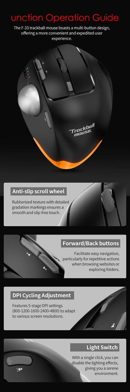 Wireless Bluetooth Trackball Mouse – RGB, 2.4G, Ergonomic, 3-Device Connection for PC & iPad