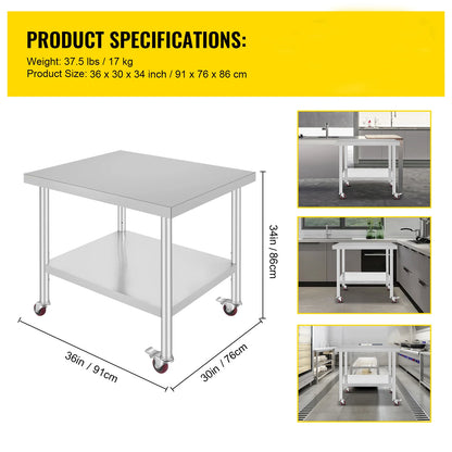 SucceBuy Stainless Steel Commercial Kitchen Worktable – Shelves & Caster Wheels
