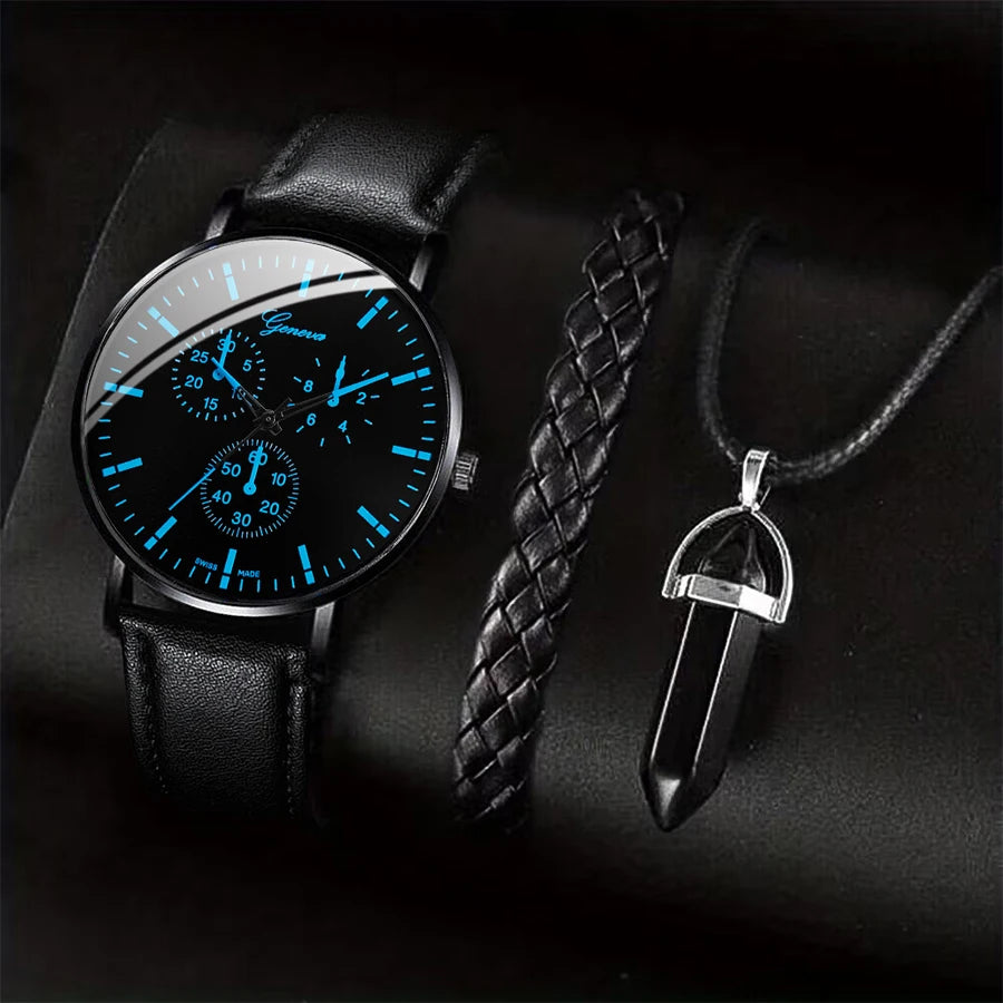 Men's business watch set by R.E.D. Shopping featuring a quartz watch with leather band, plus matching necklace and bracelet.
