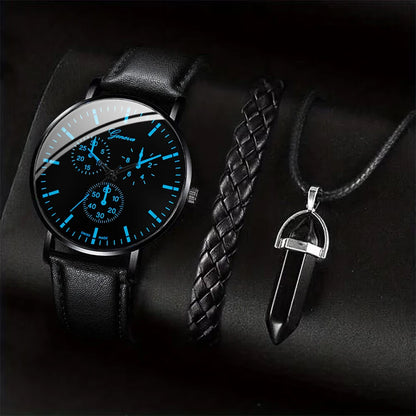 Men's business watch set by R.E.D. Shopping featuring a quartz watch with leather band, plus matching necklace and bracelet.