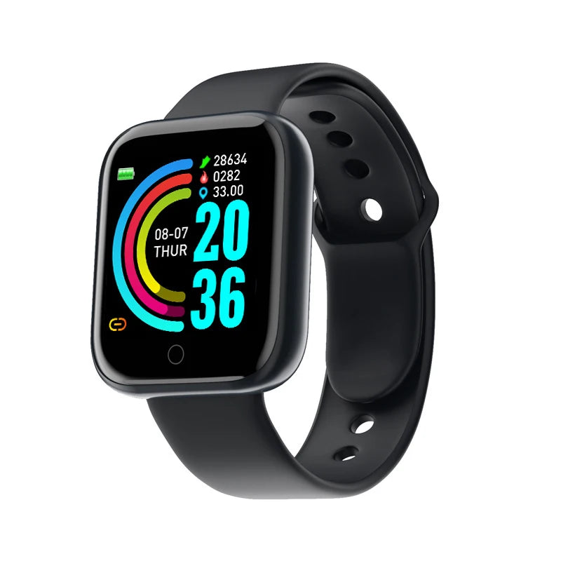 R.E.D. Shopping Y68/D20 smartwatch displaying digital time, fitness tracker, sleep monitor, and music control features on a black band.