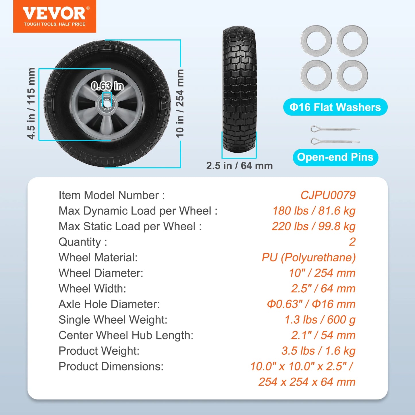 SucceBuy 10" Solid PU Run-Flat Tire Wheels – Flat-Free Tubeless | 2-Pack