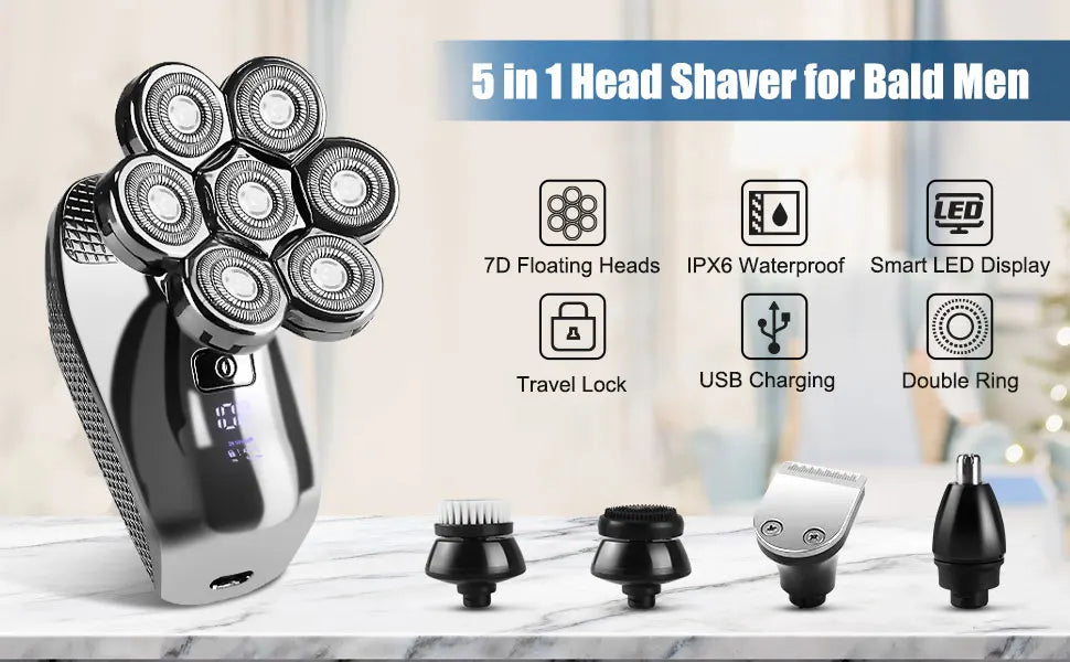 DUTRIEUX 5-in-1 7D Head Shaver for Men – Cordless, Wet & Dry, LED Display, Waterproof, Grooming Kit