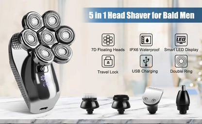 DUTRIEUX 5-in-1 7D Head Shaver for Men – Cordless, Wet & Dry, LED Display, Waterproof, Grooming Kit