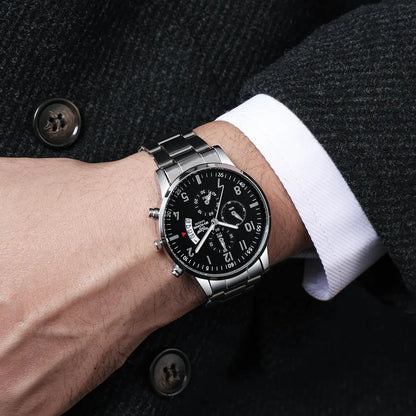 Men's luxury R.E.D. Shopping business watch with steel strap and calendar display, stylish accessory for professional attire.