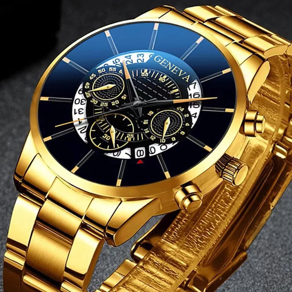 Men's Quartz Watch Set – 3-Piece Stainless Steel Strap, Circular Dial, Date Function