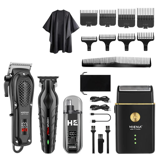 HIENA PRO Cordless Hair Clipper Set | Professional Barber Kit, Electric Foil Shaver & Beard Trimmer Combo