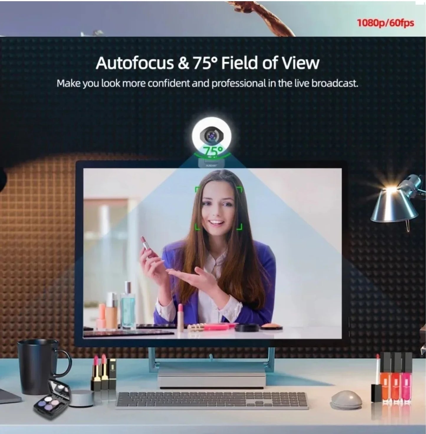 AUSDOM AF668 FHD 1080P 60FPS Webcam – Autofocus, Ring Light, Free Tripod