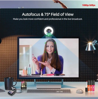 AUSDOM AF668 FHD 1080P 60FPS Webcam – Autofocus, Ring Light, Free Tripod