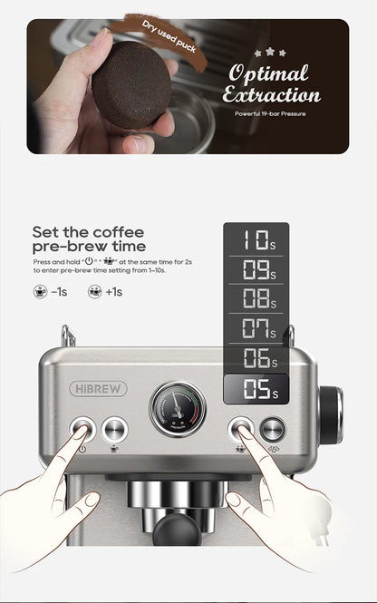 HiBREW H10A 20Bar Semi-Automatic Espresso Machine – 58mm Portafilter, Metal Case