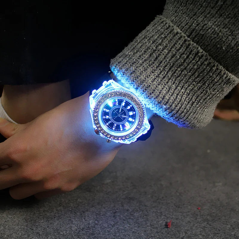 LED Flash Luminous Watch by R.E.D. Shopping, silicone wristwatch with rhinestones, glowing in the dark, suitable for kids and adults.
