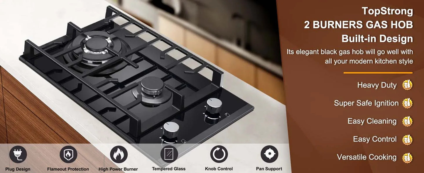 TopStrong 2-Burner Built-In Gas Hob 30cm – Tempered Glass, NG/LPG Dual Fuel (UKGCT-B02)