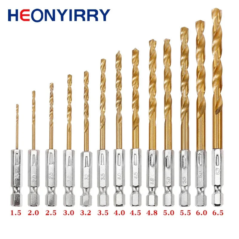 13/16-Piece HSS Titanium Coated Drill Bit Set – 1/4" Hex Shank 1.5–6.5mm