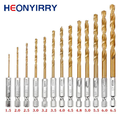 13/16-Piece HSS Titanium Coated Drill Bit Set – 1/4" Hex Shank 1.5–6.5mm