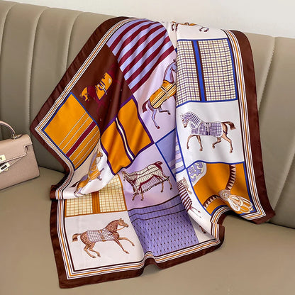 Elegant square silk scarf from R.E.D. Shopping, styled as a women's hairband and neck shawl, featuring vibrant patterns and smooth fabric.