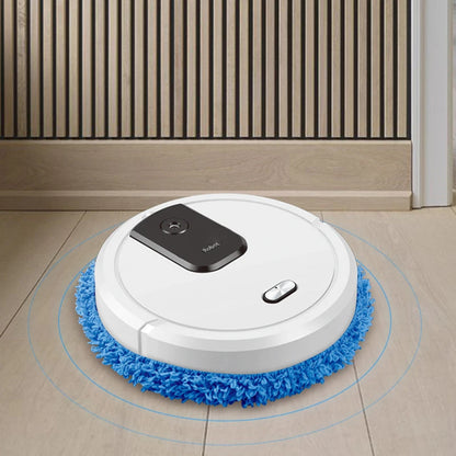 R.E.D. Shopping smart sweeping and mop robot with humidifying spray cleaning a hardwood floor in a modern home.