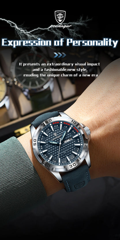 POEDAGAR Men's Luxury Wristwatch – Waterproof, Luminous, Date & Week Display, Quartz Sport Leather