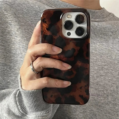 Retro Amber Texture Laser Phone Case | Stylish Leopard Print Soft Cover for iPhone 7-17 Pro Max, XR, XS