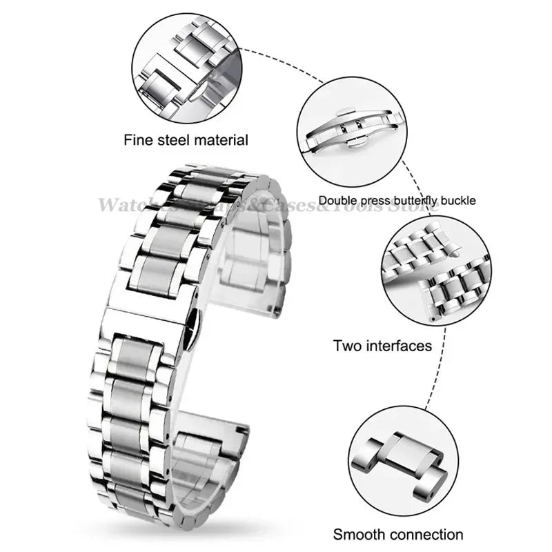 Curved End Solid Stainless Steel Watch Strap – Universal 12–24mm with Butterfly Clasp
