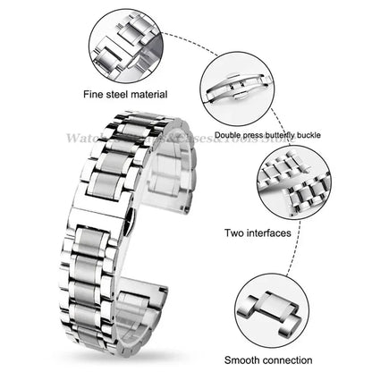 Curved End Solid Stainless Steel Watch Strap – Universal 12–24mm with Butterfly Clasp